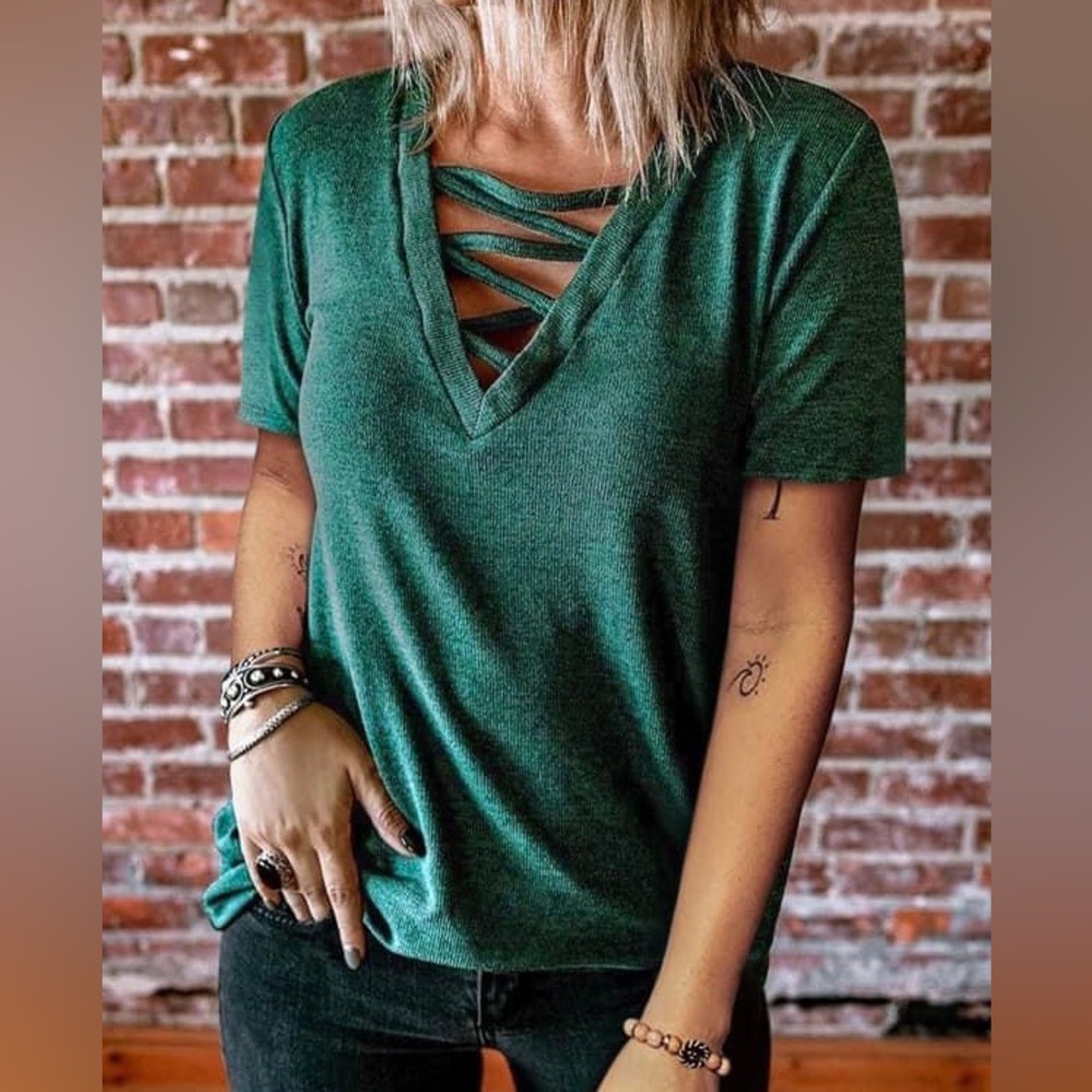 Green crisscross V-neck T-shirt.